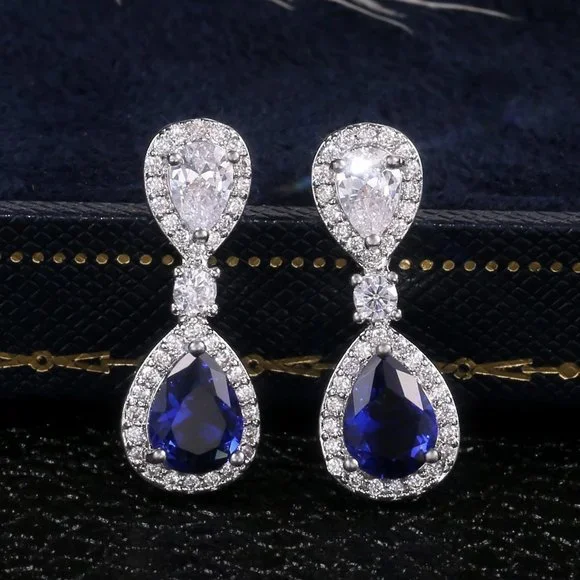 🎁 Noble Water Drop Royal Blue And White Pear Zircon Stud Earrings, UNVN12417 - Picture 2 of 7